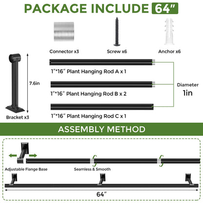 Mogaath Hanging Planters for Indoor Plants, 64 Inch Heavy Duty Plant Hanger Indoor, 1 Inch Diameter Metal Rod, Hanging Plant Holder for Window Wall, Matte Black, Square Flange Base, Pot Not Included