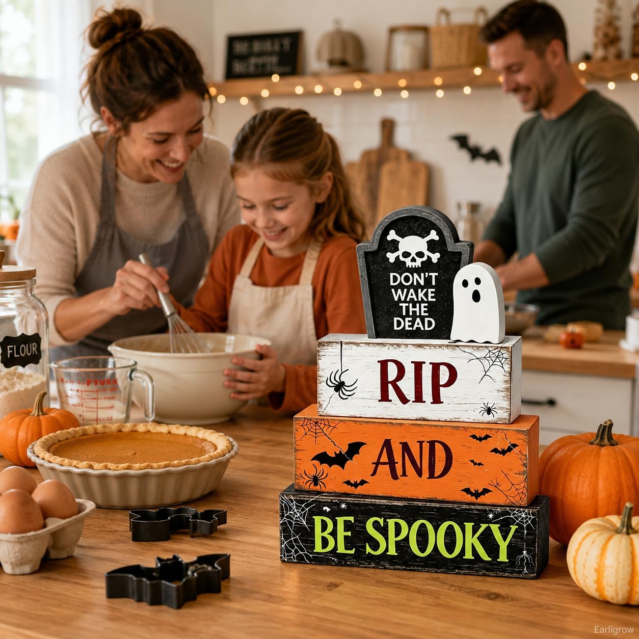 4 Pcs Halloween Table Decorations Ghost Tombstone Wooden Block Signs RIP and be Spooky Rustic Tiered Tray Decor Farmhouse Halloween Centerpiece with Bat for Home Kitchen Shelf Office Mantel
