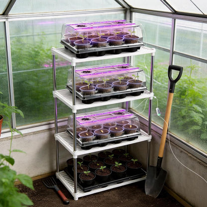 36 Pack 4 Inch Clear Plant Pots & 3 Pack 12 Cell Nursery Pot Trays with Humidity Dome and Growing Lights for Seed Starting, Germination, Seedling Propagation Plant Growing, Sturdy Gardening Kit 3 Sets