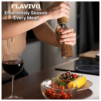 FLAVIVO Wooden Salt and Pepper Grinder Set, Manual Premium Acrylic Salt and pepper Mills with Adjustable Ceramic Core and Wooden Stand, 8-Inch Refillable Giftable Shakers (2 Pieces with Tray)