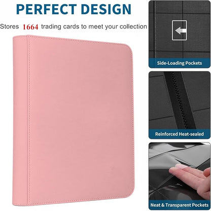 Trading Card Binder 16 Pocket, 1664 Pockets Ringless PU Cover Card Collection Binder, Double Sided Card Binder Collector Album, Card Folder for MTG, TCG, Sports Cards, Game Card (Pink, 16Pockets)