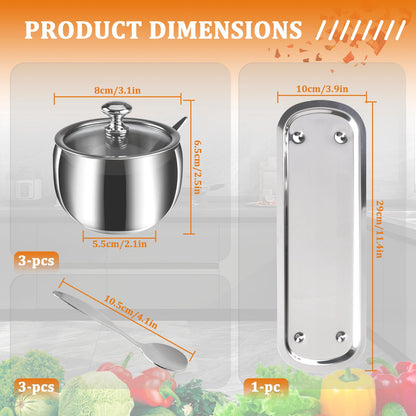 3 Grids 10 Oz Stainless Steel Sugar Bowl with Spoon Tray Lid, Silver Salt Spice Containers Dispenser Set, Sugar Jar Holder Dish for Coffee Bar Storage Seasoning Kitchen Countertop (Silver)