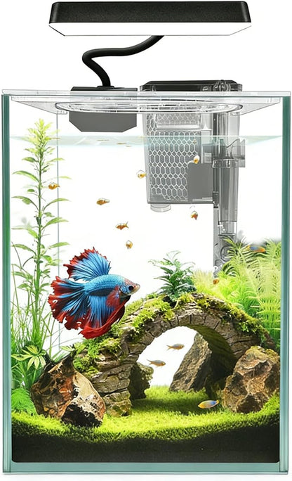Ultra White Glass Betta Aquarium Starter Kits 1.5 Gallon Small Fish Tank, Betta Fish Tank with LED Light, Power Filter, 4mm Glass