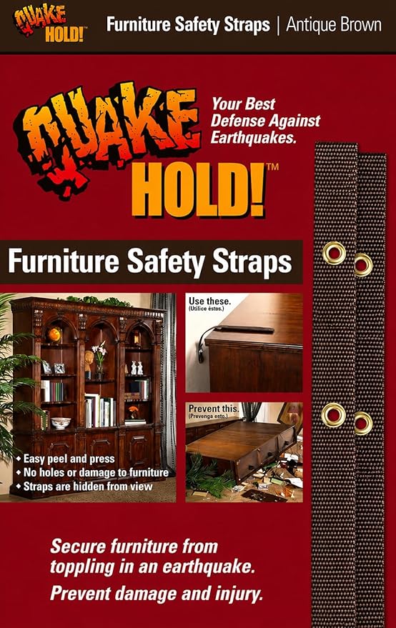 QuakeHOLD! Furniture Strap Kit, Antique Brown Anti Tip Wall Anchors, 15 Inch Nylon Safety Straps for Bookcases, Dressers, Cabinets, Shelves & Earthquake Preparedness