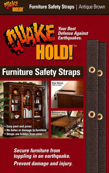 QuakeHOLD! Furniture Strap Kit, Antique Brown Anti Tip Wall Anchors, 15 Inch Nylon Safety Straps for Bookcases, Dressers, Cabinets, Shelves & Earthquake Preparedness