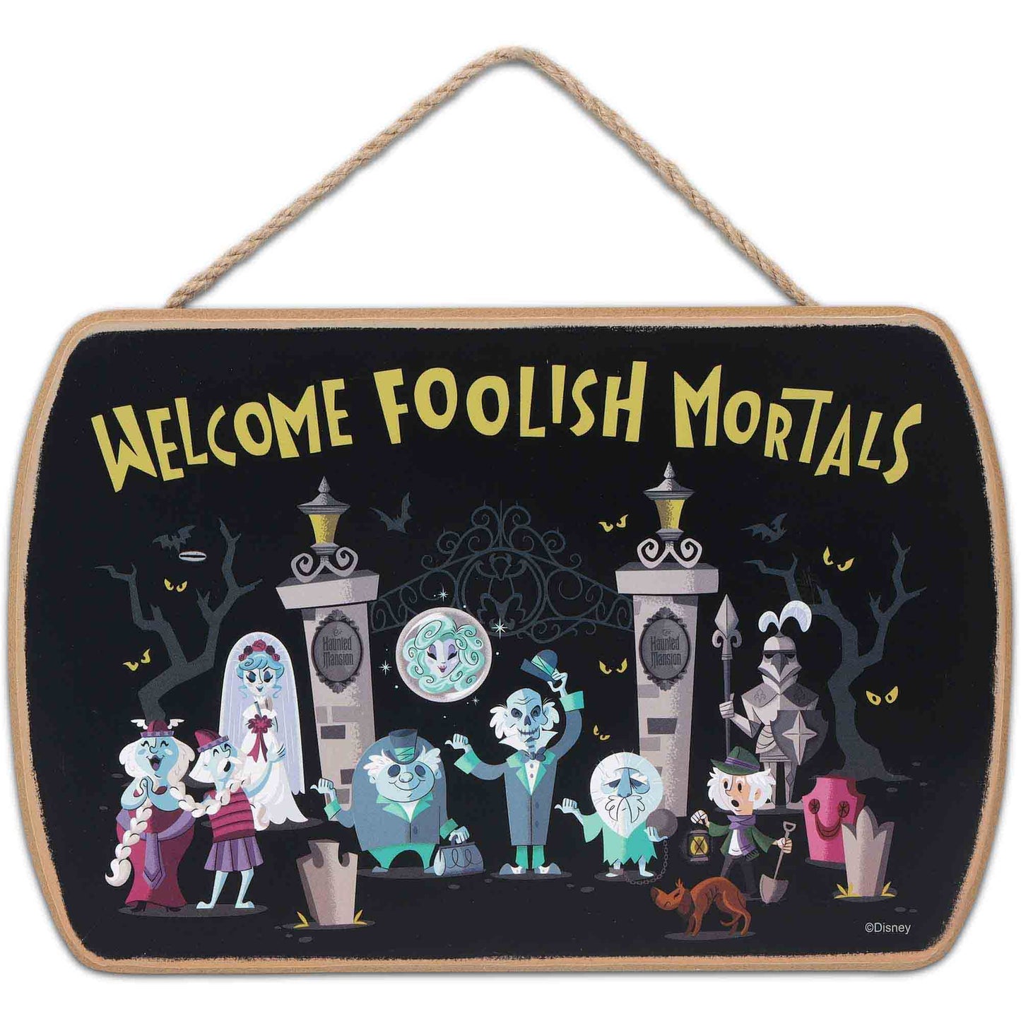Disney Haunted Mansion Welcome Foolish Mortals Hanging Wood Wall Decor - Fun Halloween Sign for Home Decorating