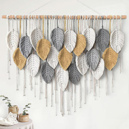 KHOYIME Large Macrame Wall Hanging Boho Woven Tapestry, Chic Modern Home Decor Bohemian Farmhouse Handmade Leaf Feather Wall Art Decorations for Living Room Bedroom Nursery Dorm Backdrop 39"W X 29.5"L