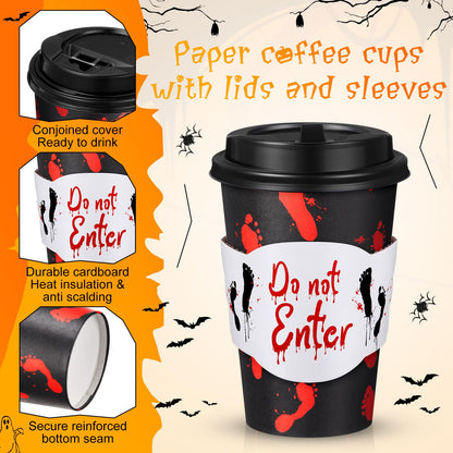 MotiMind 48 Set Halloween Disposable Coffee Cups with Lids & Sleeves 12 oz Halloween Hot Cold Beverage Paper Cups Bulk for Holiday Coffee Drinking Party Supplies Decorations(Black and Red,Blood)