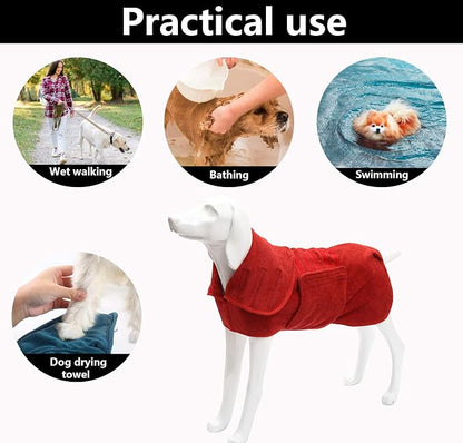 Geyecete Dog Drying Coat - Fast Drying Dog Bathrobe Towel - Microfibre Super Absorbent Pet Cat Bath Robe, Luxuriously Soft - Red - L