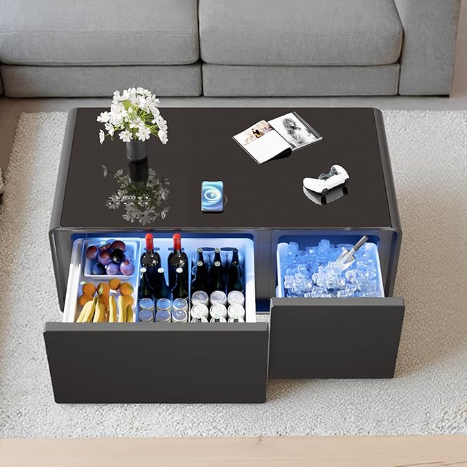 Smart Coffee Table with Fridge and Bluetooth, Smart Living Room Table with Frozen Drawers, Dual Speakers, 15W Wireless Charger, Touch Control, USB Ports, Atmosphere Light, LT90 Ultra-Black