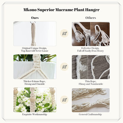 Mkono Macrame Plant Hangers, 5 Pack Different Tiers Indoor Hanging Planters Basket with 5 Hooks Decorative Flower Pots Holder Stand Boho Home Decor, Ivory