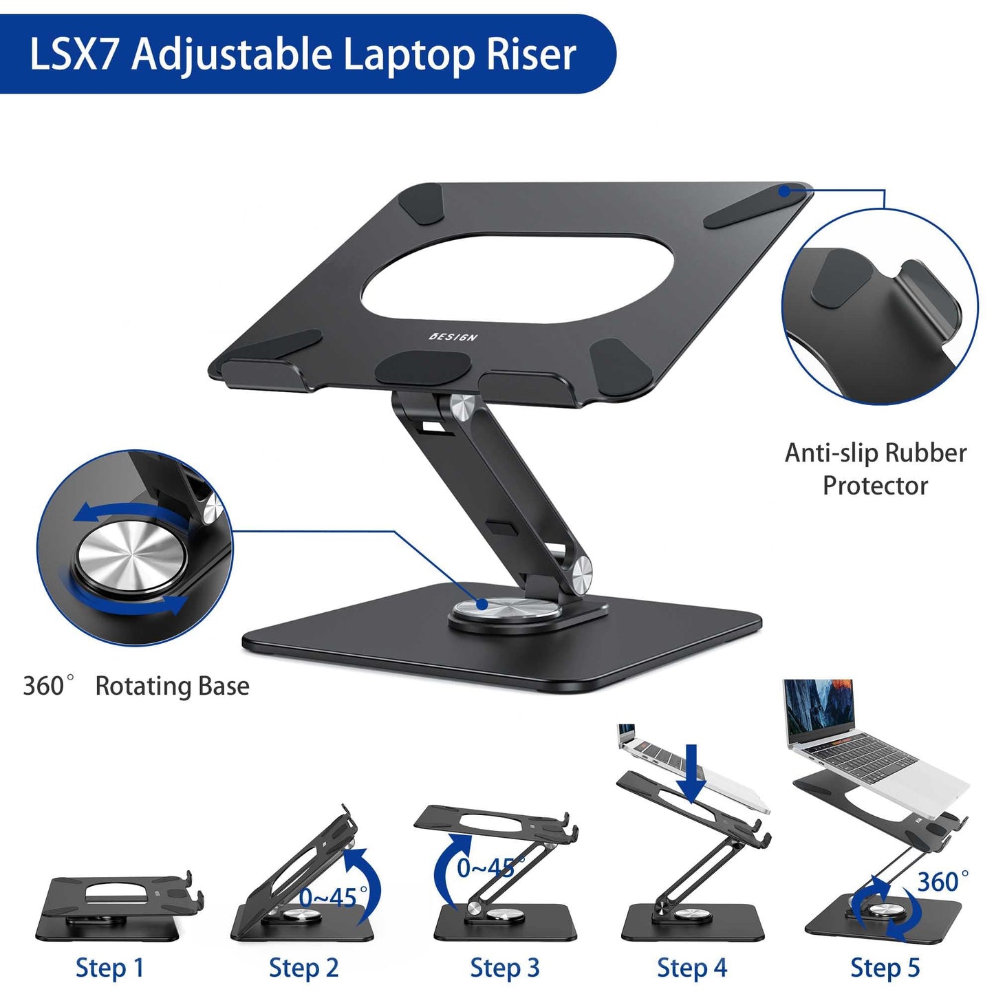 BESIGN LSX7 Laptop Stand with 360 Rotating Base, Ergonomic Adjustable Notebook Riser, Foldable Computer Holder Compatible with 10-15.6" Laptops (Black)