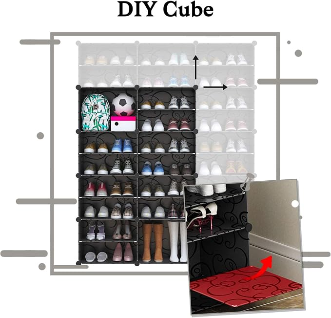 Jomifin Shoe Rack Storage Cabinet with Doors, Key Holder, Portable Shoe Organizer, Expandable Standing Rack, Holds 32-64 Pairs Shoes Boots Slippers for Closet Hallway Entryway Bedroom, 2x8 Tier, Black