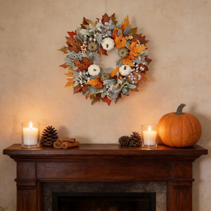 MAINGKAUNG Artificial Fall Wreath 22 Inch Fall Wreaths for Front Door with White Pumpkins Oeange Maple Leaves Lamb's Ear and Berries Autumn Wreath Thanksgiving Harvest Wreath for Festival Wall Porch