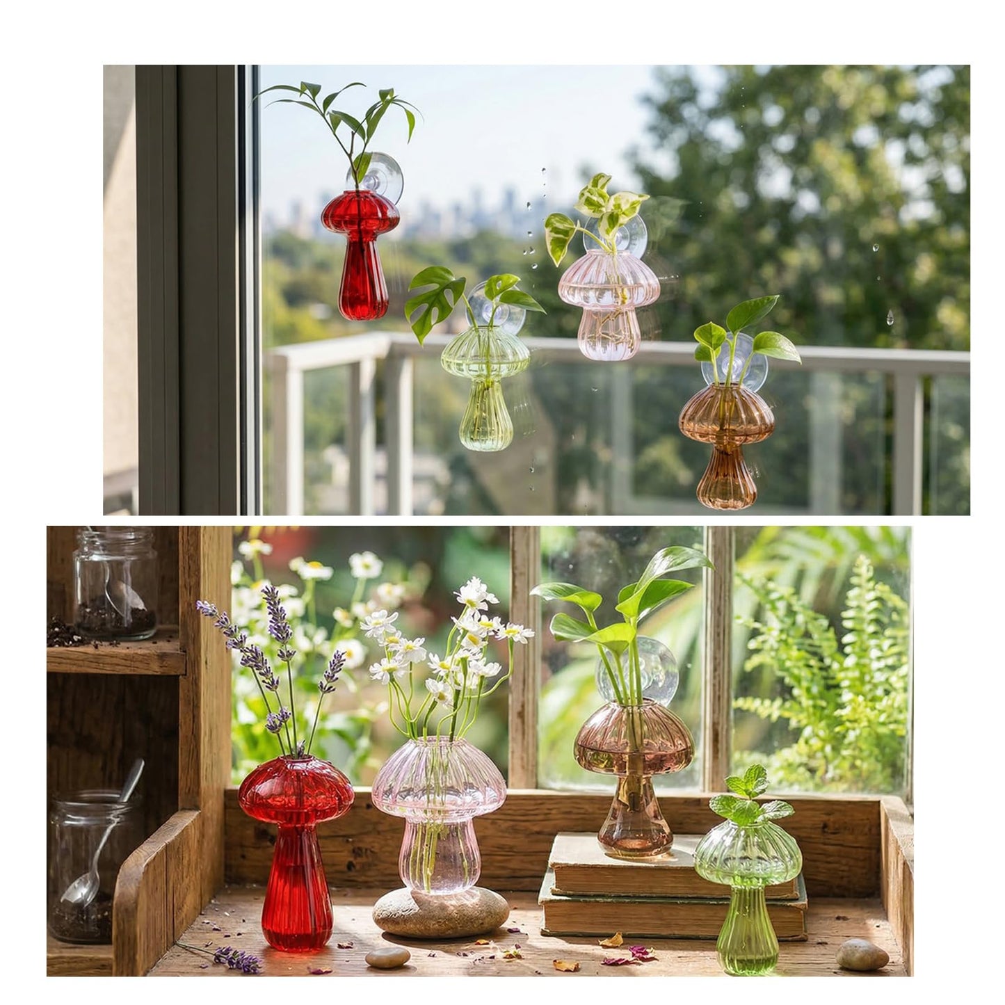 Window Propagation Stations, Propagation Vases, Colored Mushroom Glass Vases with Suction Cups, Nail-Free Easy-Install Wall-Mounted Planters, Plant Lover Gifts (4-Pack)