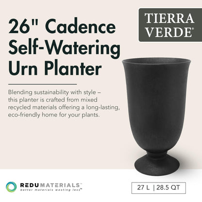 Tierra Verde Indoor & Outdoor Self-Watering Urn Planter, Cadence, 14" x 23", Black - Planting Containers for Plants and Flowers - Gardening and Landscaping Accessories
