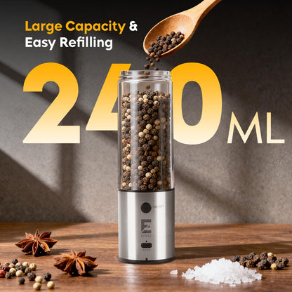 Electric Salt & Pepper Grinder Set One - Handed Automatic Pepper Mill with LED Light Adjustable Coarseness Large - Capacity Refillable Mill Durable Ceramic Core Battery Powered Seasoning Grinder