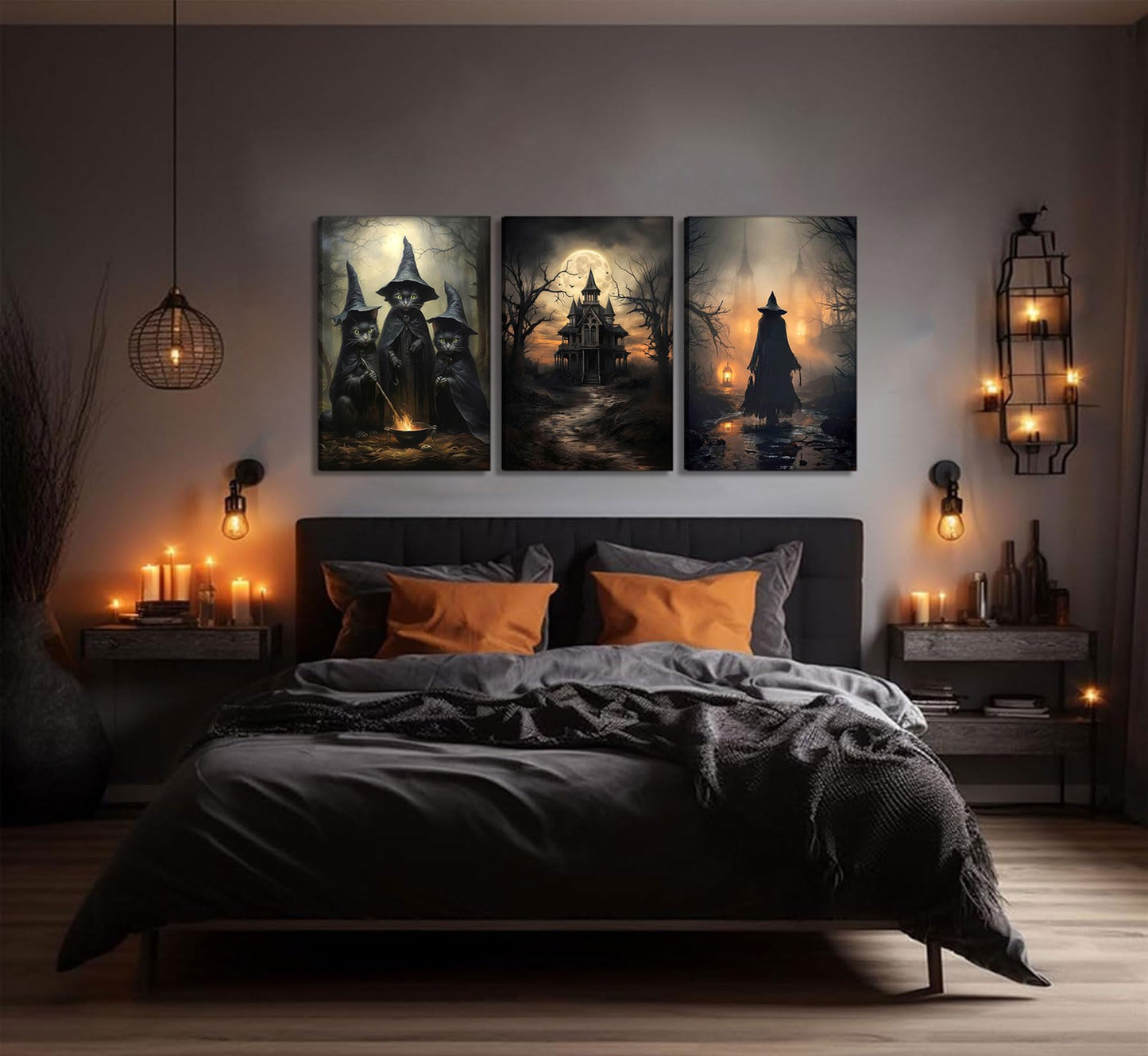 3pcs Halloween Canvas Wall Art Dark Academia Scary Witch Black Cat Castle Wall Decor Pictures Thriller Horror Gothic Posters Prints for Halloween Party House Decoration Prepare to hang