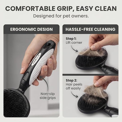 Round Bristle Pet Brush for Dogs and Cats - Soft Dog Brush for Grooming Short or Long Hair - Gentle Tool for Sensitive Skin Removes Dander, Dirt, and Detangles (Black)