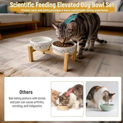 Elevated Ceramic Cat Bowls with Wooden Stand，6.1inch Raised Cat Bowls with Cute Pattern for Small and Medium Breed Dogs,2 Pack Cats Food and Water Bowl Set,Weighted Pet Dishes Dishwasher Safe