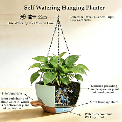 CNLBO 12 Inch Self Watering Hanging Planters 2 Pack, Indoor Outdoor Hanging Pots for Plants with Drainage Holes & Saucers, Green Brown Plastic Hanging Baskets for Kitchen Balcony Garden