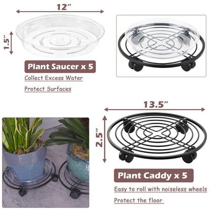 5 Packs 13.5" Metal Plant Caddy with Wheels Large Rolling Plant Stands Indoor Wheeled Plant Dolly Heavy-duty Planter Mover Roller Base Outdoor GardenTrolley Cart Water-proof, Plant Saucers on Wheels