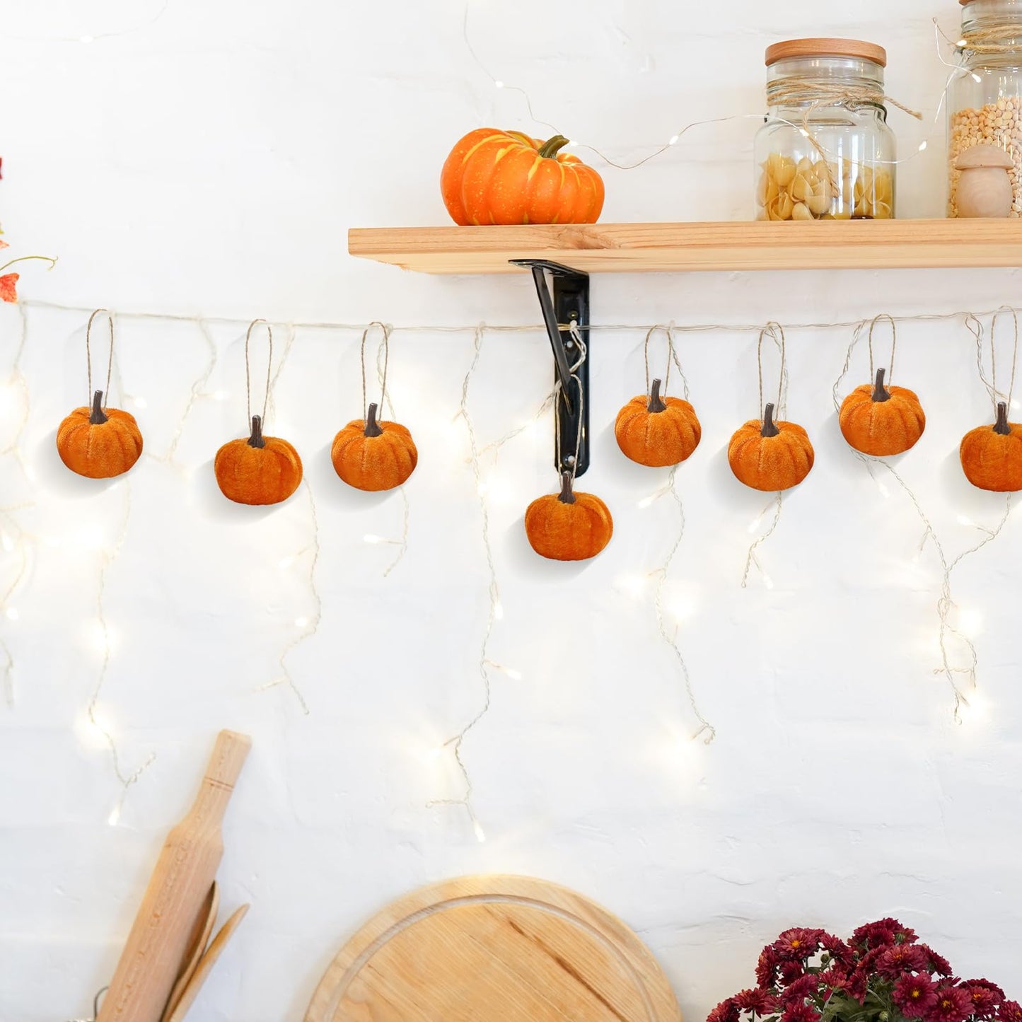 Whaline 18Pcs Fall Pumpkin Hanging Ornaments Velvet Fabric Pumpkin Ball Ornaments Thanksgiving Hanging Tree Decorations for Farmhouse Autumn Harvest Party Home Decor