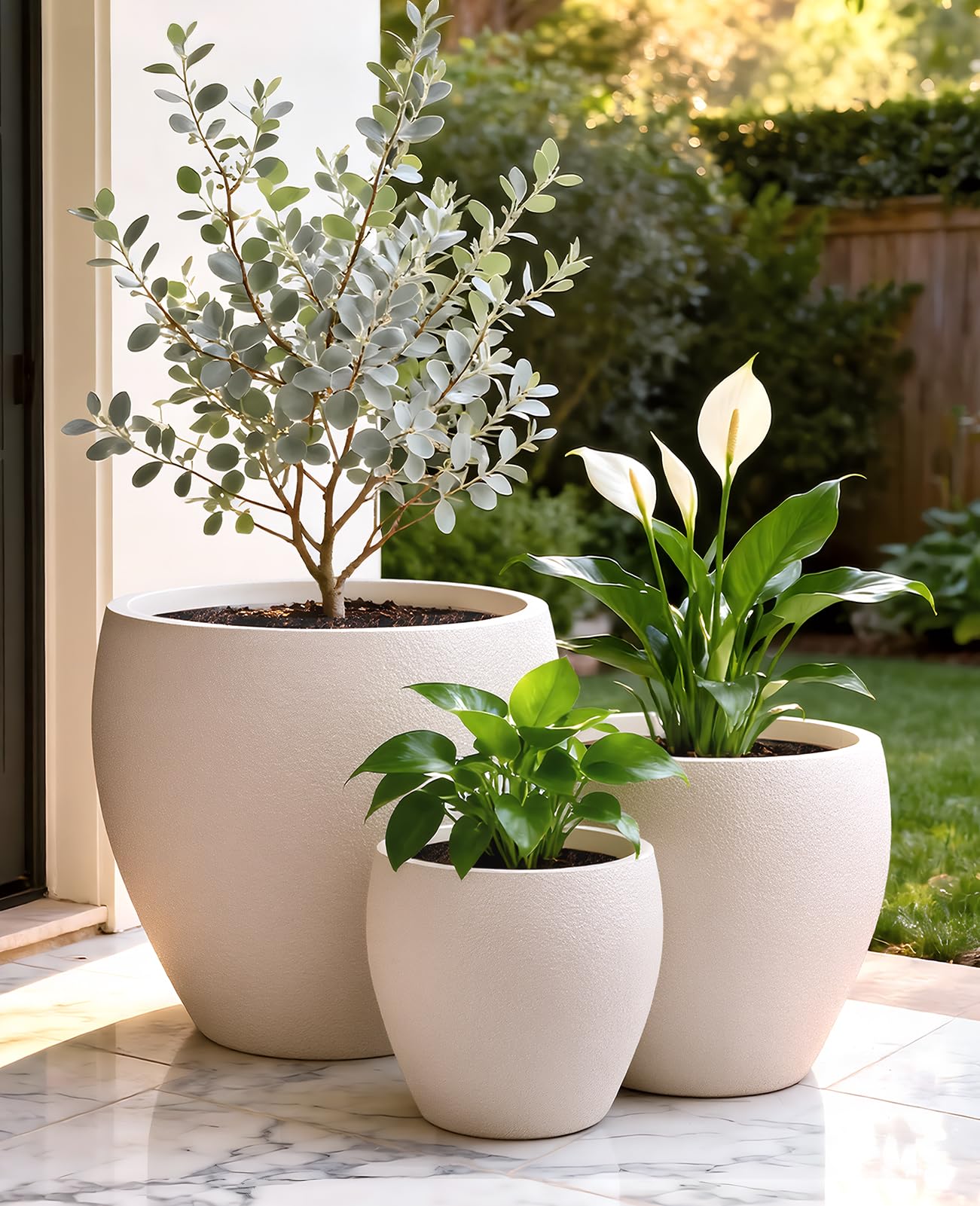 homenote Flower Pots 14.5/12/9.6 Inch,Large Plant Pots Indoor with Drainage,Plastic Pots for Plants,Garden Pots for Outdoor,Large Planters for Indoor Plants,Big Plastic Planter,Off-White(3 Pcs)