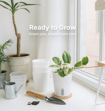 Vandorelle 8 Pack 4" Self Watering Pots for Indoor Plants, Clear Inner Cup, Small White Plastic Planters, Water Level Indicator, Drainage Holes, Extra 3ft Wick, Cuttings,Seedlings,Herb,African Violets