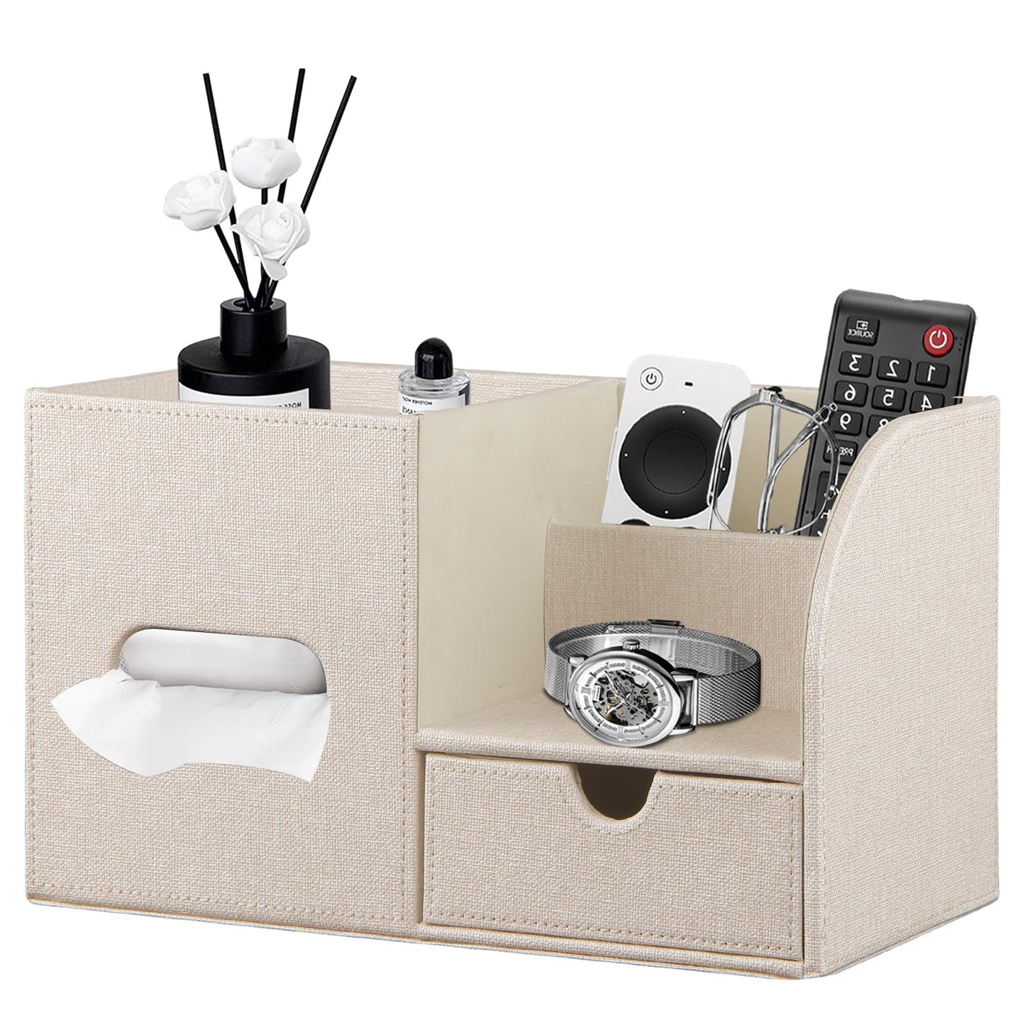 YAPISHI Tissue Box Cover with Storage Tray and Drawer, PU Leather Square Tissue Box Holder, Modern Cube Facial Tissue Dispenser, Makeup Holder, Remote Control Organizer for Nightstand, Bathroom Vanity