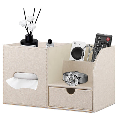YAPISHI Tissue Box Cover with Storage Tray and Drawer, PU Leather Square Tissue Box Holder, Modern Cube Facial Tissue Dispenser, Makeup Holder, Remote Control Organizer for Nightstand, Bathroom Vanity