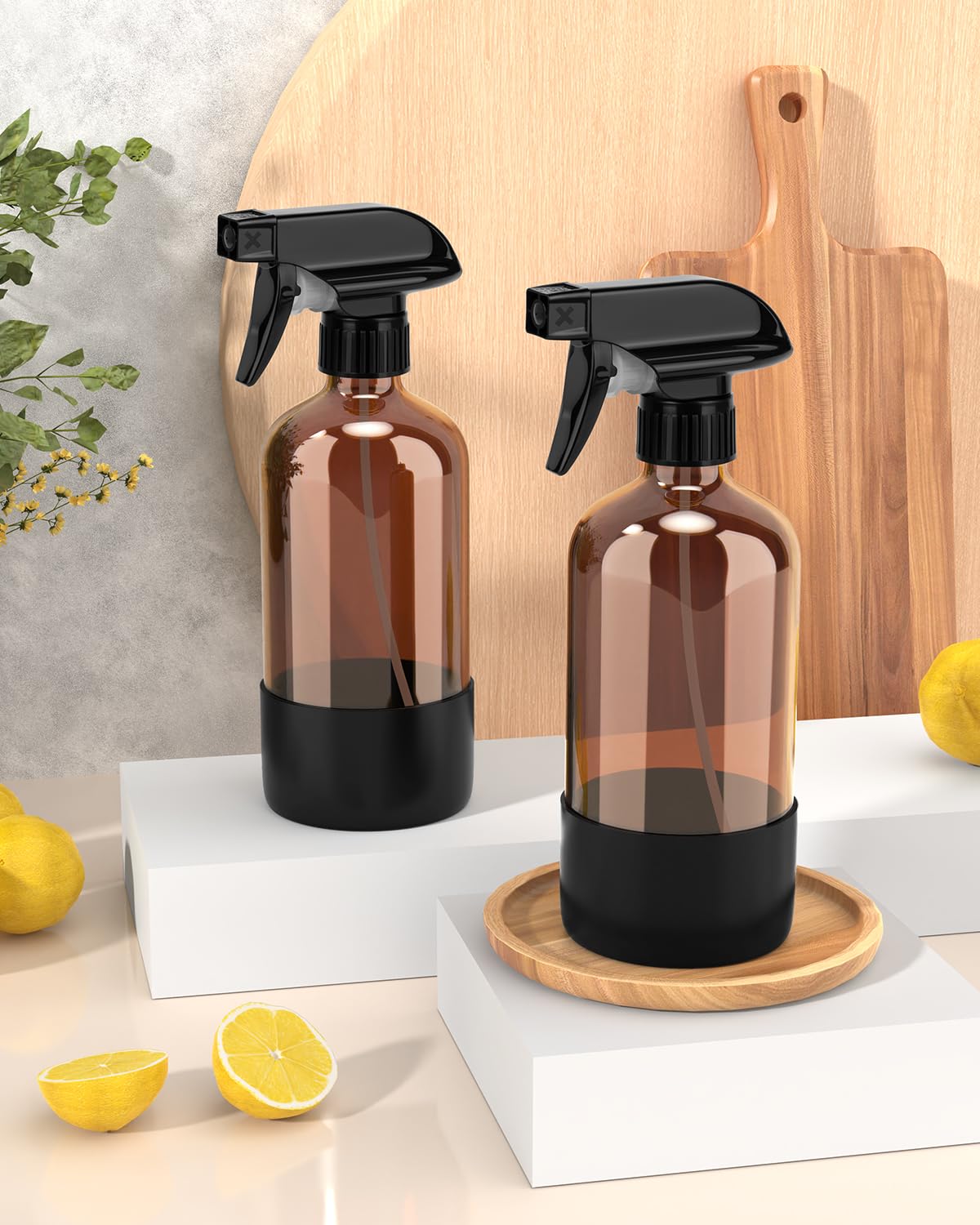 Bontip Glass Spray Bottle with Silicone Sleeve Protection, Amber Glass Spray Bottle Set for Window Cleaner Aromatherapy Facial Hydration Watering Flowers Hair Care 2 Pack/16 oz (Black)