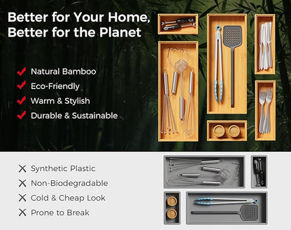 Small Bamboo Kitchen Drawer Organizer Boxes – 6" x 3" Stackable Wood Silverware Utensil Tray for Drawers Bins Cutlery & Flatware Storage – Wooden Organizers Set of 2 for Junk Drawer, Bathroom, Rv