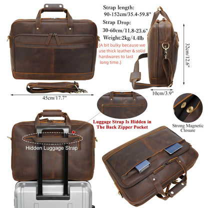 Masa Kawa Leather Briefcase for Men 17" Laptop Shoulder Messenger Bag Vintage Brown Business Travel Work Lawyer Attache Case,Large
