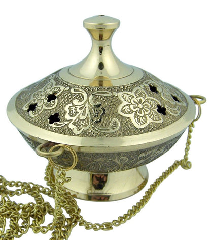 Religious Gifts Gold Plate over Brass Conical Incense Holder, 3 1/2" Dia - 3" H with 9" Chain