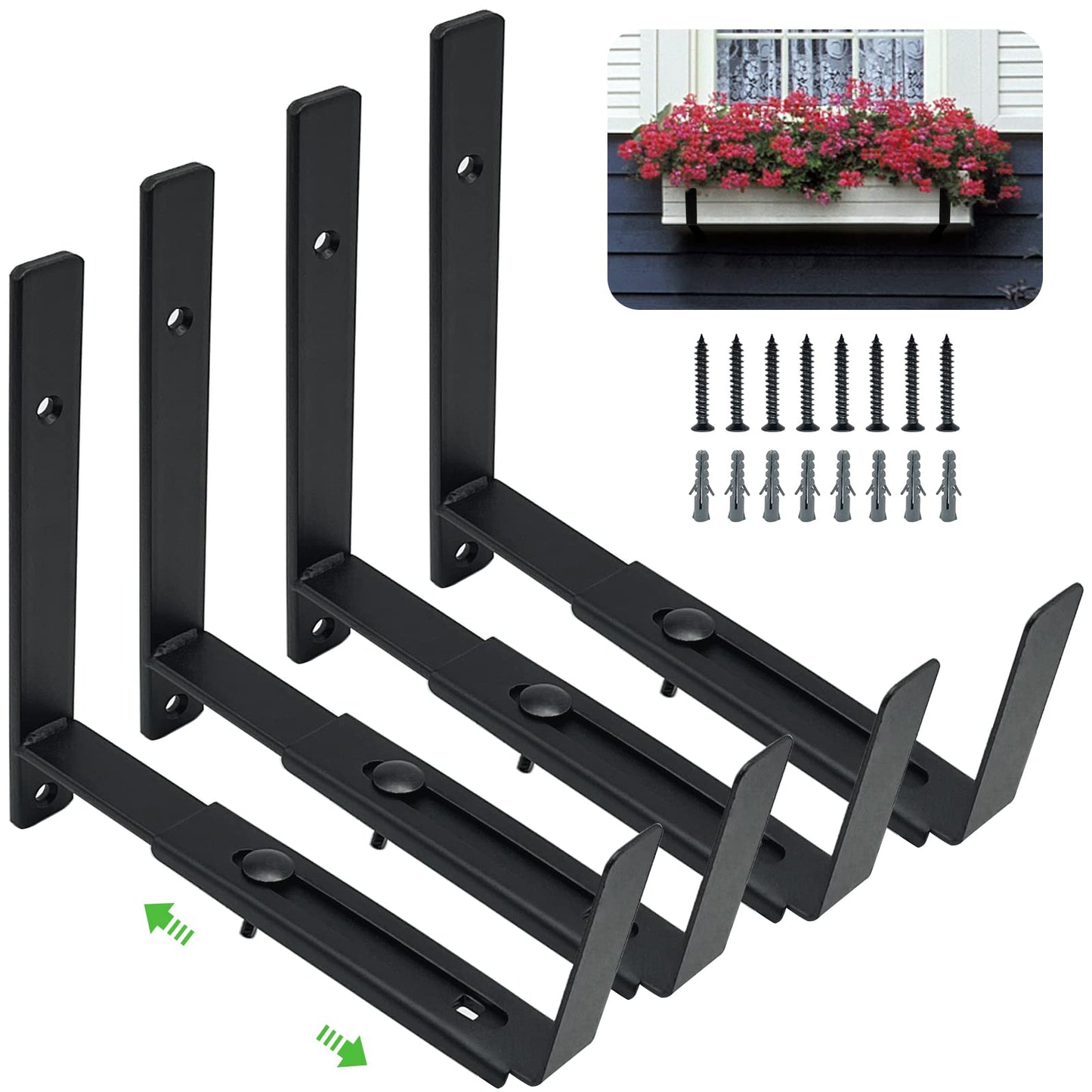 Pusonor Adjustable Window Box Bracket 4 Pack, Heavy Duty Planter Box Bracket Flower Box Holder Wall Mount Suitable for Planter Boxes 6 inches to 12 inches Deep