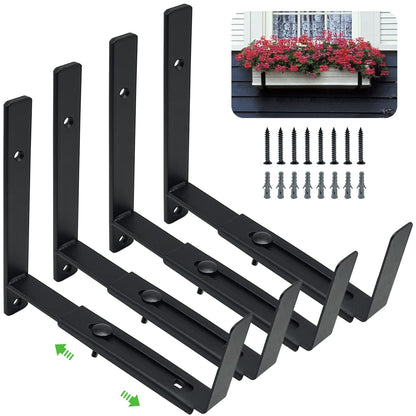 Pusonor Adjustable Window Box Bracket 4 Pack, Heavy Duty Planter Box Bracket Flower Box Holder Wall Mount Suitable for Planter Boxes 6 inches to 12 inches Deep