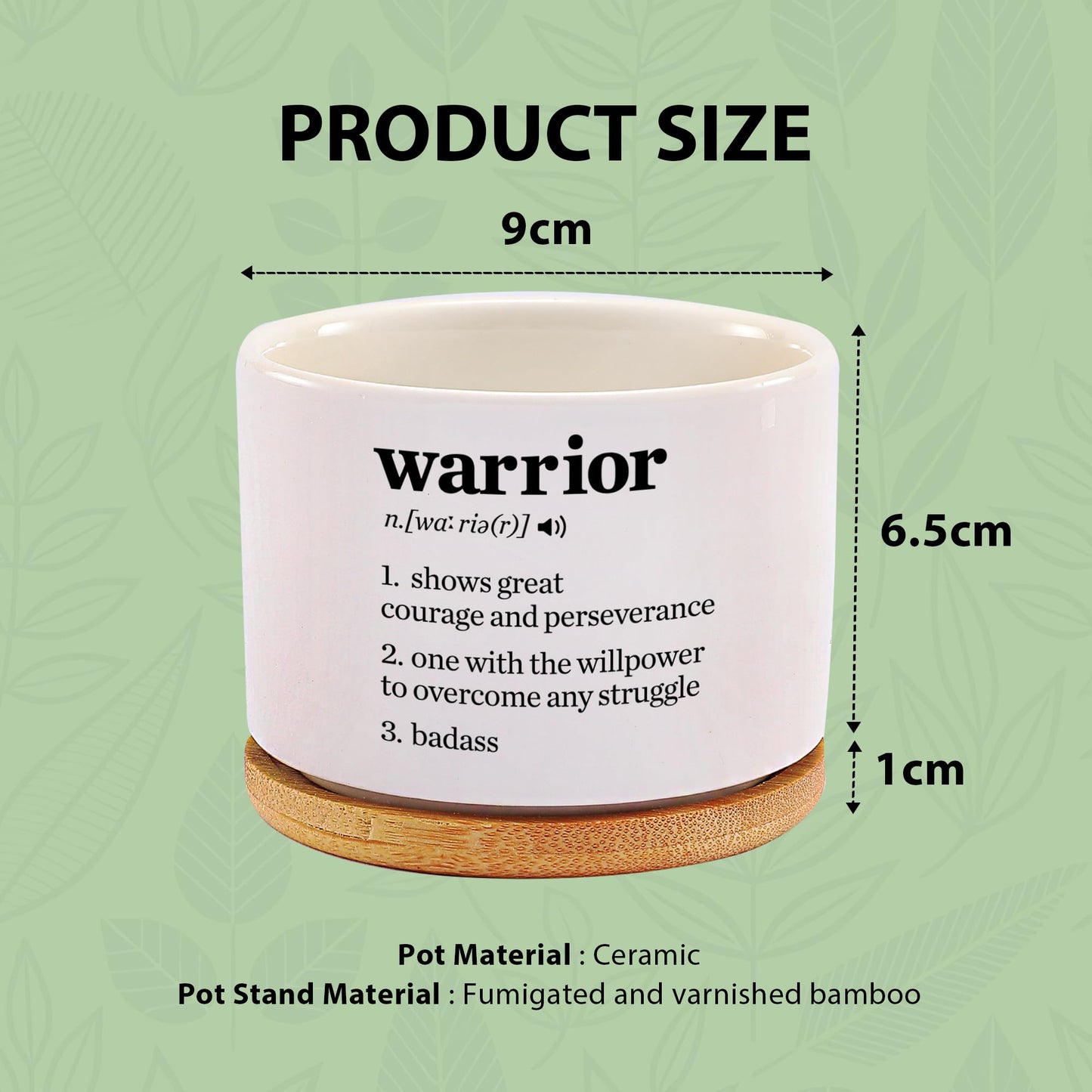 Warrior Definition Inspirational Gifts Ceramic Succulent Plant Pot with Bamboo Tray Round Motivational Encouragement Gifts Cancer Survivor Sobriety Home Decor Plant Lover 3.5 Inch White (No Plants)