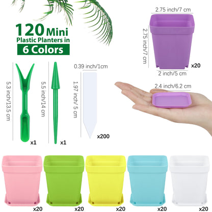 Hahood 120 Pack Mini Plastic Planters 3 Inch Flower Seedling Nursery Pots with Pallet Colorful Square Flower Plant Pots Seed Starting Pots with Labels and Tools for Home Garden Flowers Plants,6 Colors
