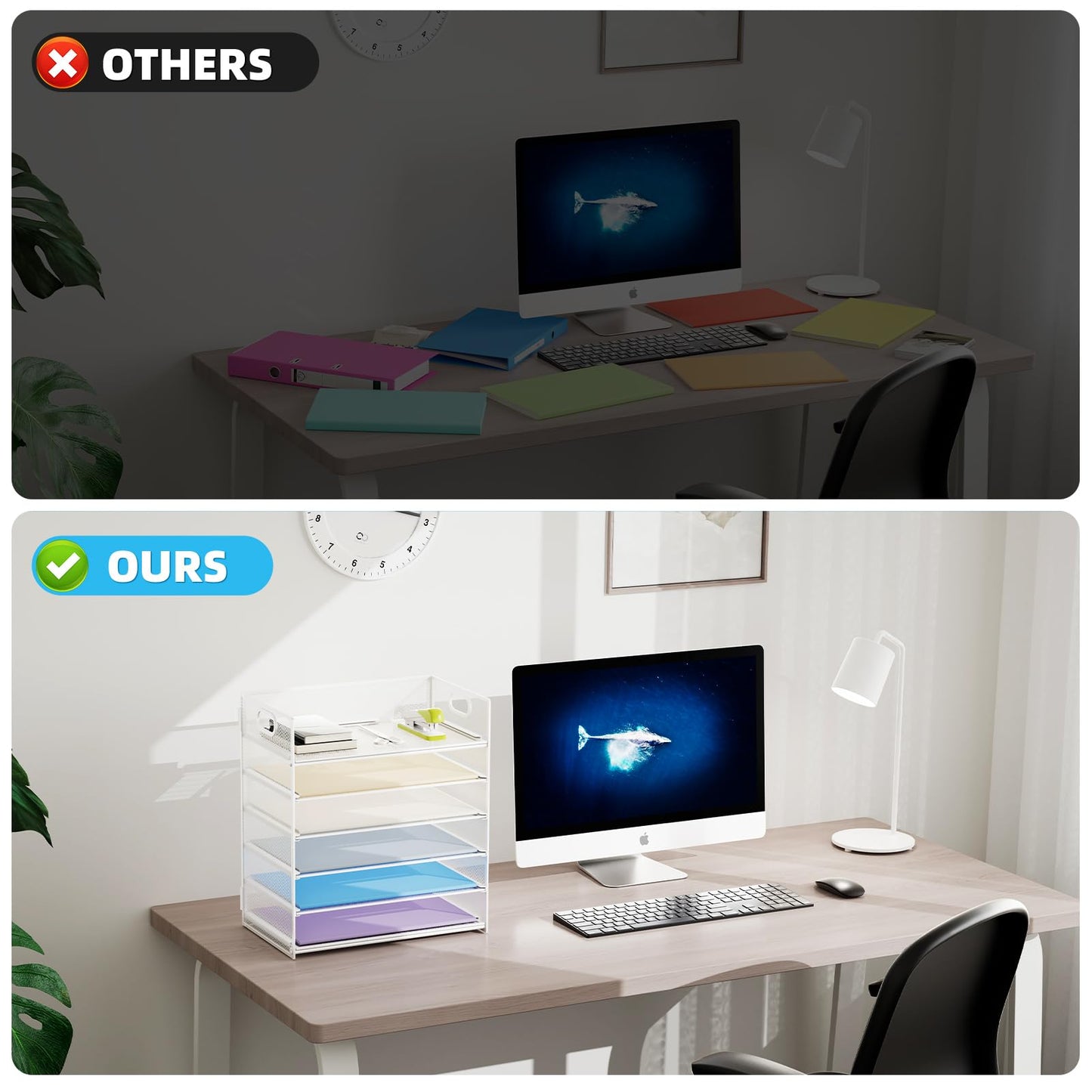 Marbrasse 2 Pack Desk Organizer with Handle, 6 Tier Paper Letter Tray, Mesh Desk File Organizer for Office, School and Home - Whtie