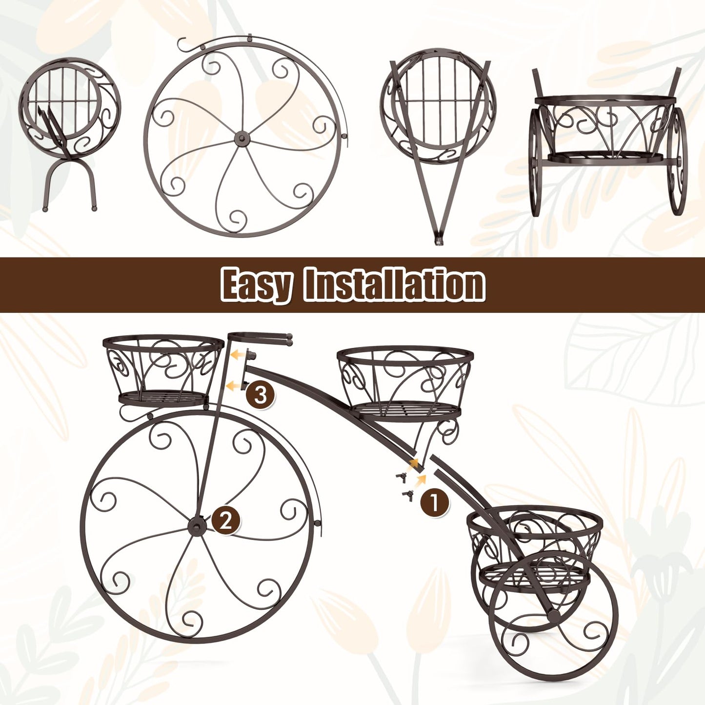 CHEFJOY Metal Bicycle Planter, 3-Tiers Flower Cart Display Stand with 3 Wheels & Iron Baskets, Decorative Cart plant stand for Garden, Patio, Indoor, Outdoor (Bronze)