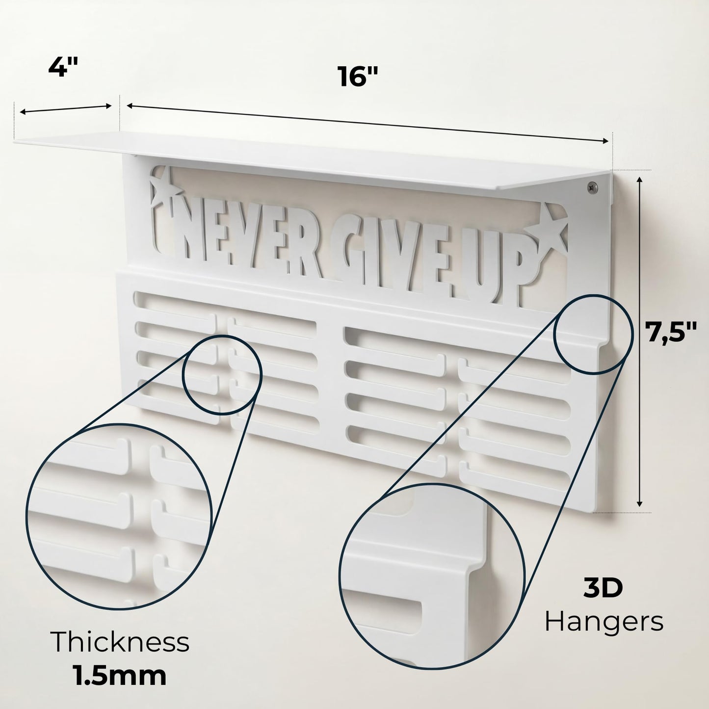 AGATHOS HOME White Medal Hanger Display with Shelf - Award Rack Trophy Shelf for Walls Holds 64+ Sports Medals - Never Give Up Wall Medal Holder for Gymnastics, Soccer, Marathon, Swimming, Soccer