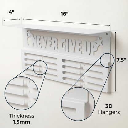 AGATHOS HOME White Medal Hanger Display with Shelf - Award Rack Trophy Shelf for Walls Holds 64+ Sports Medals - Never Give Up Wall Medal Holder for Gymnastics, Soccer, Marathon, Swimming, Soccer