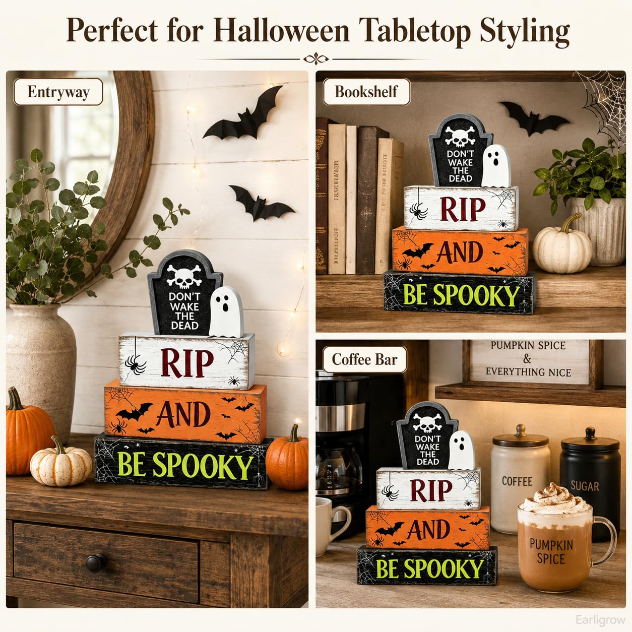 4 Pcs Halloween Table Decorations Ghost Tombstone Wooden Block Signs RIP and be Spooky Rustic Tiered Tray Decor Farmhouse Halloween Centerpiece with Bat for Home Kitchen Shelf Office Mantel