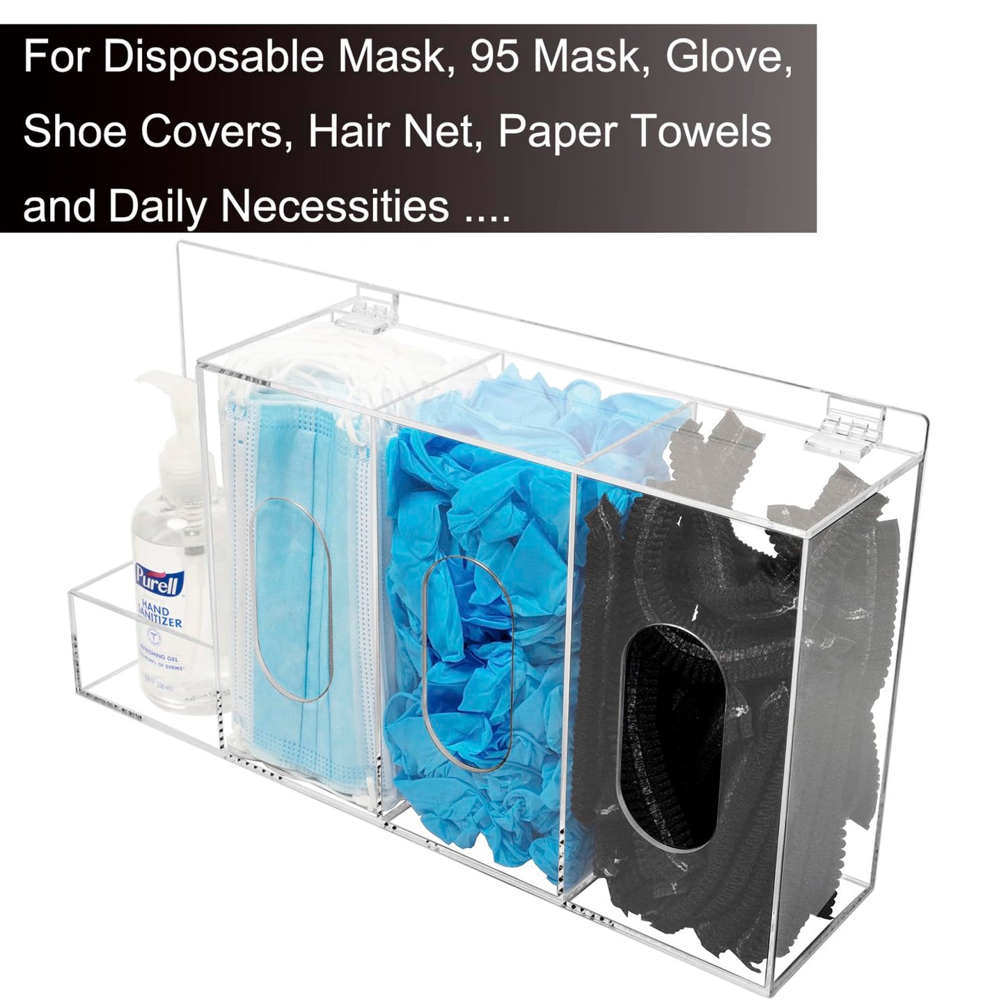SEANADO Hand Sanitizer and Glove Holder Dispenser with Lid, Clear Acrylic 4 Compartments Hygiene Station for Disposable Face Mask, Shoe Cover, Hairnets - Wall Mount or Tabletop