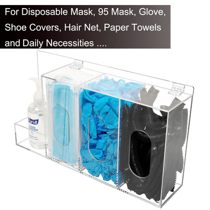 SEANADO Hand Sanitizer and Glove Holder Dispenser with Lid, Clear Acrylic 4 Compartments Hygiene Station for Disposable Face Mask, Shoe Cover, Hairnets - Wall Mount or Tabletop
