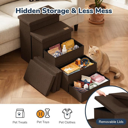 5-Step Wide Dog Stairs with Storage 23" H, Non-Slip Sturdy Pet Steps for High Bed Couch Window, Pet Stairs for Small/Medium/Large Old Dogs Cats Up to 260lbs, Cat Dog Steps for Car/SUV, Coffee