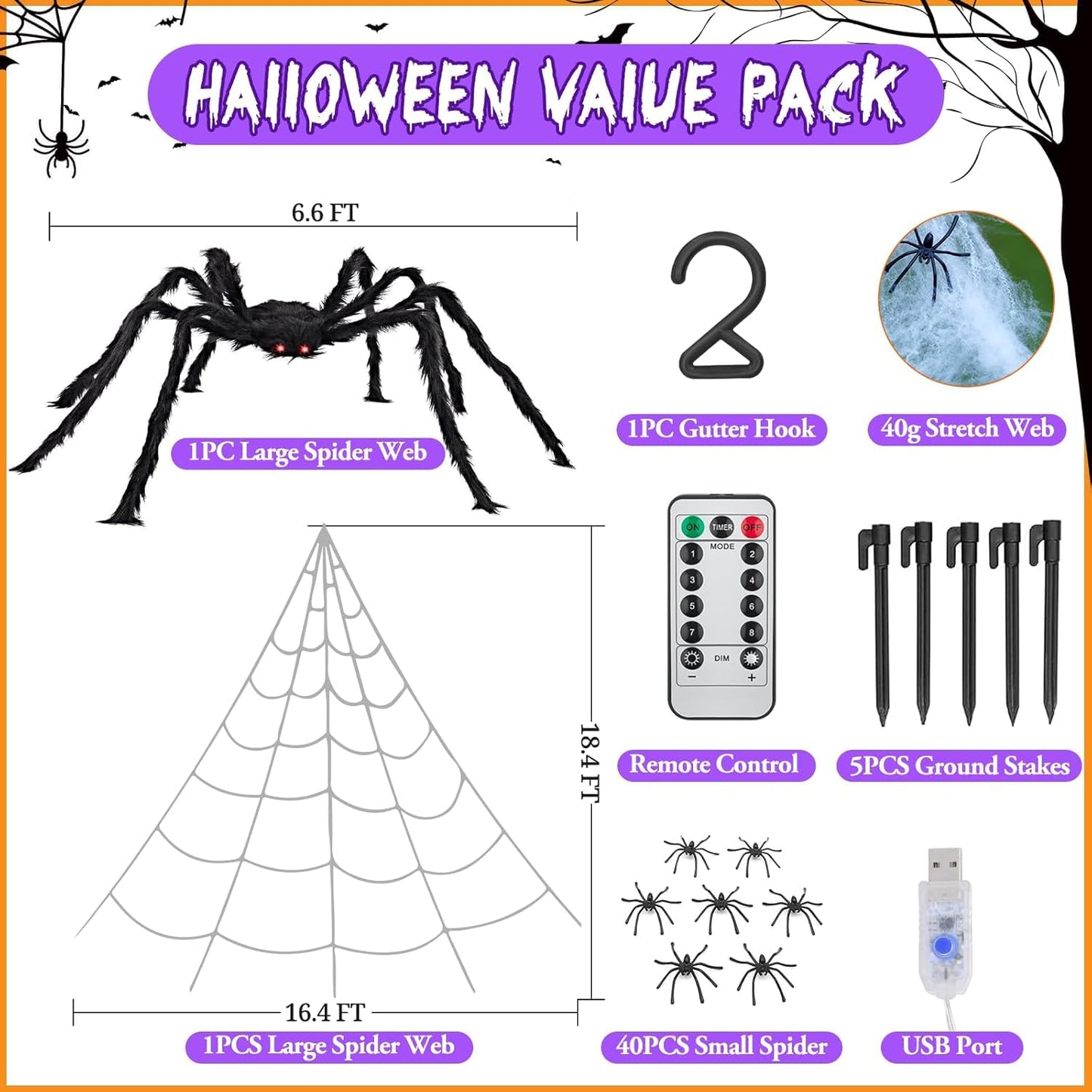 Halloween Spider Web Lights Outdoor Decorations 16.4x18.4FT 280 LED Giant Spider Web with 79" Large Spider Lighted Web with Purple Orange Lights 8 Modes Timer Waterproof for Yard Haunted Mansion Decor