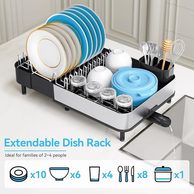 Urackify Dish Drying Rack - Dish Drainer for Kitchen Counter, Stainless Steel Dish Rack with Swivel Draining Spout & Drain Board, Expandable Space-Saving Kitchen Dish Organizer for 3-4 People, Black