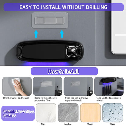 Wall Mounted Toothbrush Holders for Bathrooms, 4 Slots UV Toothbrush Sanitizer and Holder with Air Drying 3000mAh Rechargeable Cordless UV Toothbrush Cleaner with Timer Function & No Drilling (Black)